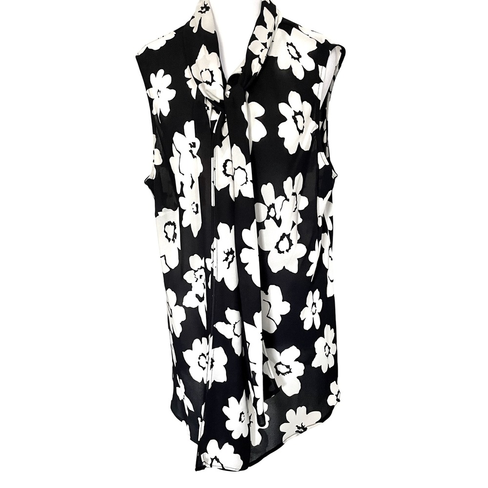 Nine‎ West 2X Black White Floral Sleeveless Tie Neck Blouse Top Career Casual